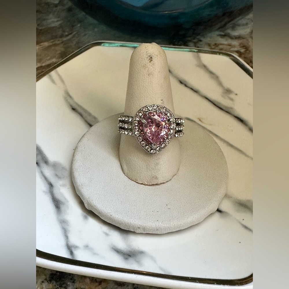 Silver Pink Heart Topaz CZ Ring